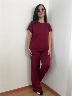 TAŞ DETAYLI KRİSTAL KUMAŞ BORDO İKİLİ TAKIM