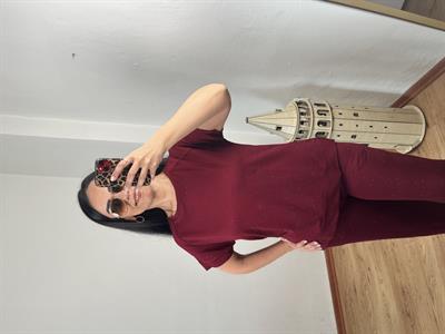 TAŞ DETAYLI KRİSTAL KUMAŞ BORDO İKİLİ TAKIM