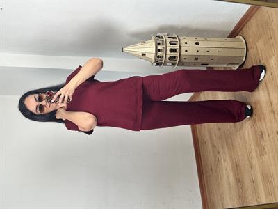 TAŞ DETAYLI KRİSTAL KUMAŞ BORDO İKİLİ TAKIM