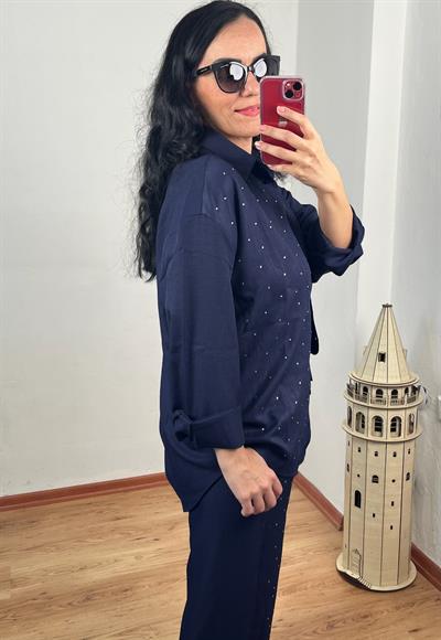 TAŞLI LÜKS KALİTE KETEN LACİVERT GÖMLEK PANTOLON TAKIM