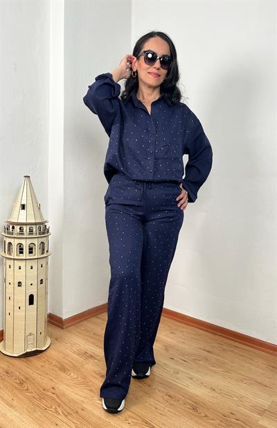 TAŞLI LÜKS KALİTE KETEN LACİVERT GÖMLEK PANTOLON TAKIM