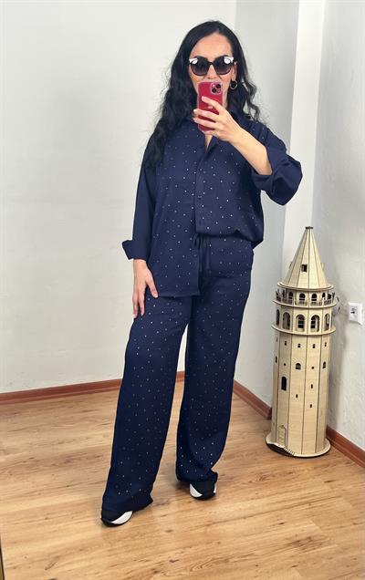 TAŞLI LÜKS KALİTE KETEN LACİVERT GÖMLEK PANTOLON TAKIM