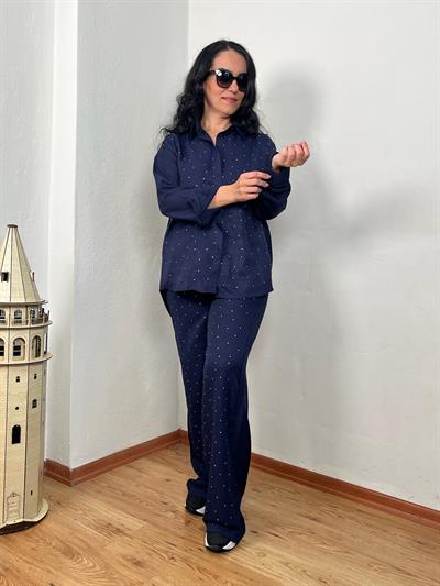 TAŞLI LÜKS KALİTE KETEN LACİVERT GÖMLEK PANTOLON TAKIM