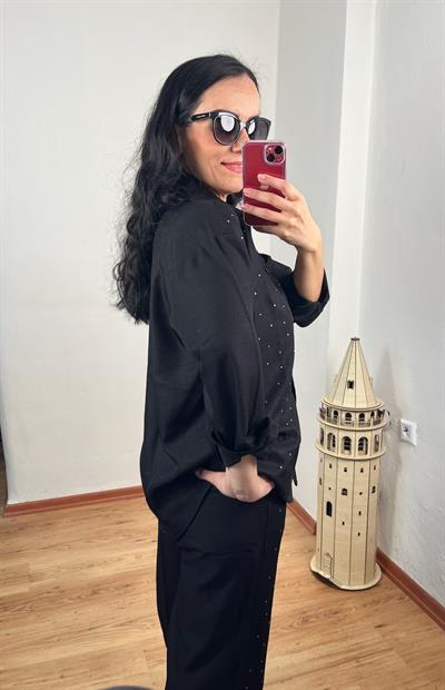 TAŞLI LÜKS KALİTE KETEN SİYAH GÖMLEK PANTOLON TAKIM