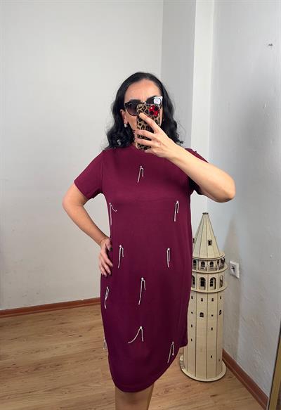 TAŞLI TASARIM MİNİ MODAL BORDO ELBİSE