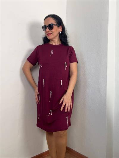 TAŞLI TASARIM MİNİ MODAL BORDO ELBİSE