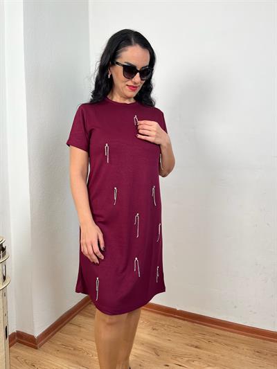 TAŞLI TASARIM MİNİ MODAL BORDO ELBİSE