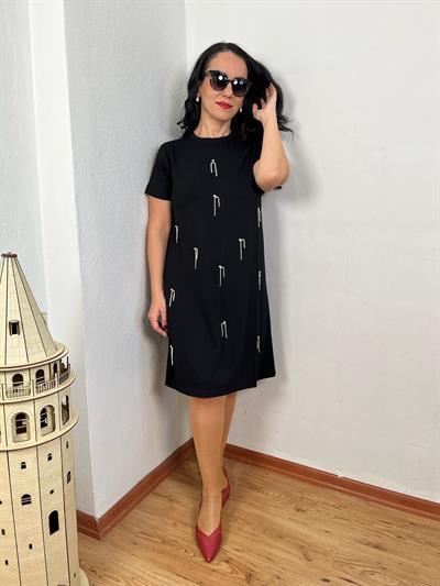 TAŞLI TASARIM MİNİ MODAL SİYAH ELBİSE