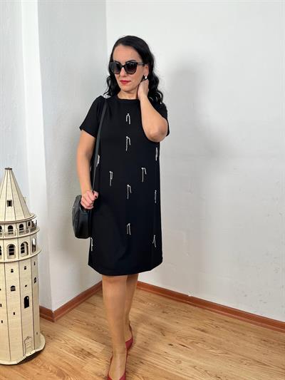 TAŞLI TASARIM MİNİ MODAL SİYAH ELBİSE