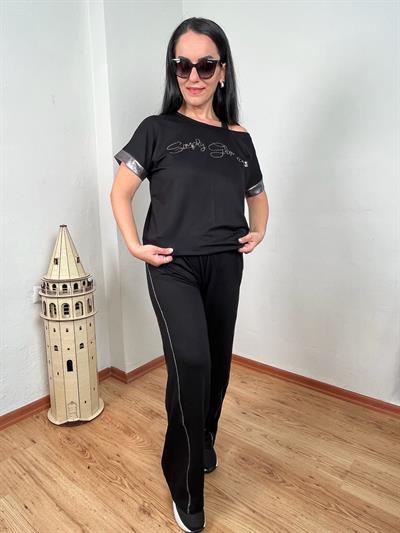 TEK OMUZ ASKILI GÜMÜŞ DETAYLI KRİSTAL KUMAŞ İKİLİ SİYAH TAKIM