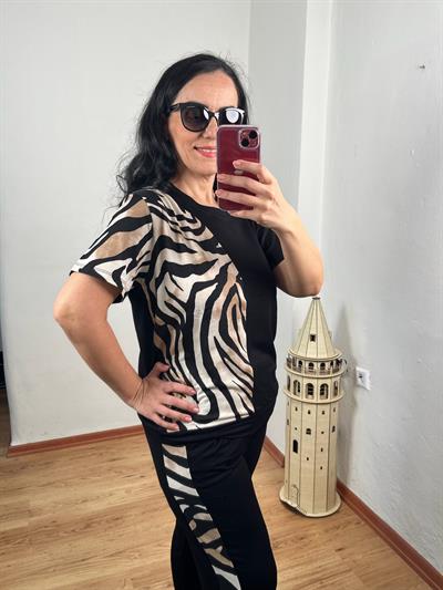 TEK TARAF LEOPAR DESEN KRİSTAL KUMAŞ SİYAH İKİLİ TAKIM