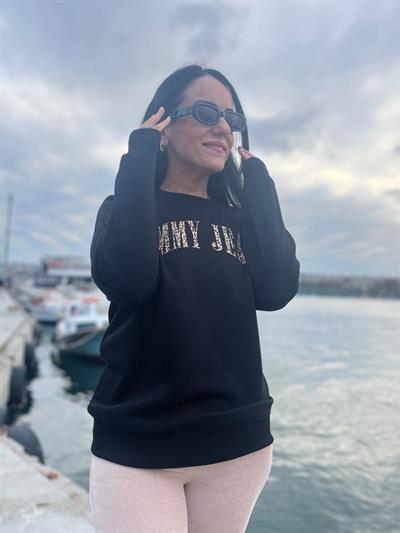 LEOPAR MARKA BASKILI SİYAH SWEATSHİRT