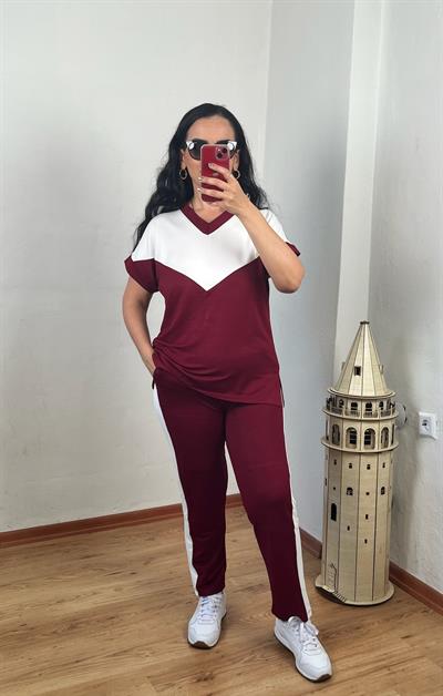 V YAKA BEYAZ ŞERİT DETAYLI BORDO İKİLİ TAKIM