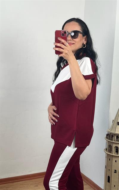 V YAKA BEYAZ ŞERİT DETAYLI BORDO İKİLİ TAKIM