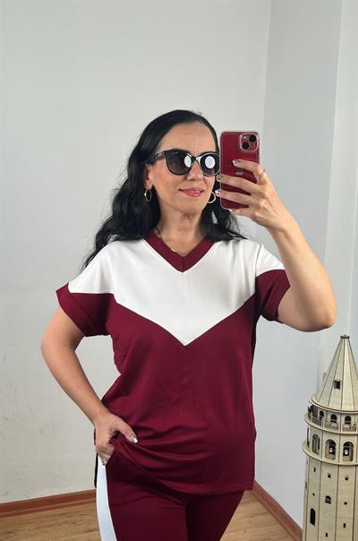 V YAKA BEYAZ ŞERİT DETAYLI BORDO İKİLİ TAKIM