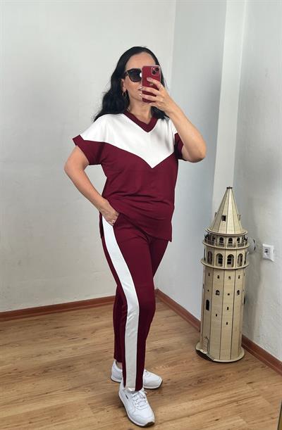 V YAKA BEYAZ ŞERİT DETAYLI BORDO İKİLİ TAKIM
