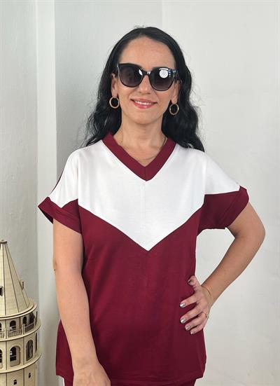 V YAKA BEYAZ ŞERİT DETAYLI BORDO İKİLİ TAKIM
