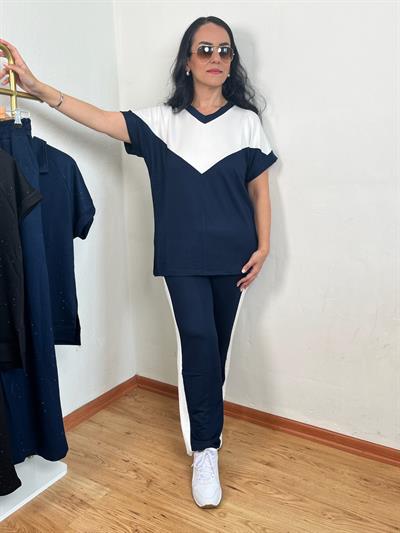 V YAKA BEYAZ ŞERİT DETAYLI LACİVERT İKİLİ TAKIM
