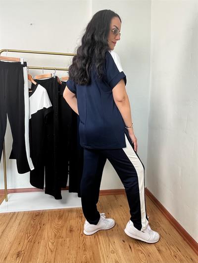 V YAKA BEYAZ ŞERİT DETAYLI LACİVERT İKİLİ TAKIM