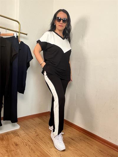 V YAKA BEYAZ ŞERİT DETAYLI SİYAH İKİLİ TAKIM