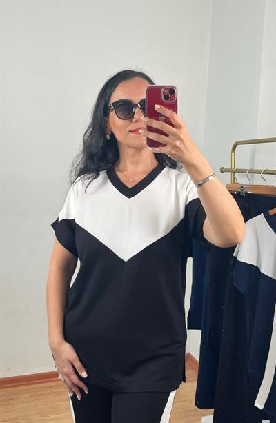 V YAKA BEYAZ ŞERİT DETAYLI SİYAH İKİLİ TAKIM