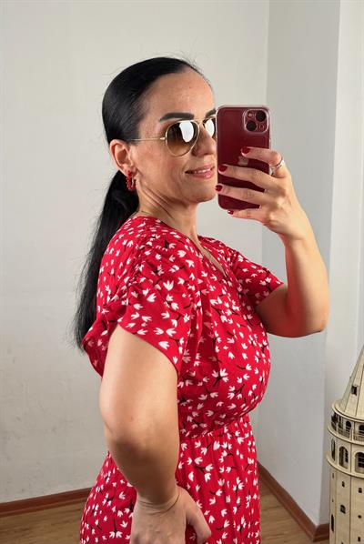 V YAKA DRAPE KOL ÇITIR DESEN VİSKON KIRMIZI ELBİSE