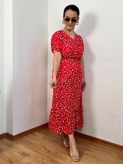 V YAKA DRAPE KOL ÇITIR DESEN VİSKON KIRMIZI ELBİSE