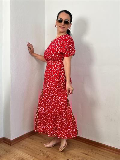 V YAKA DRAPE KOL ÇITIR DESEN VİSKON KIRMIZI ELBİSE