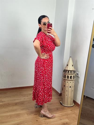 V YAKA DRAPE KOL ÇITIR DESEN VİSKON KIRMIZI ELBİSE