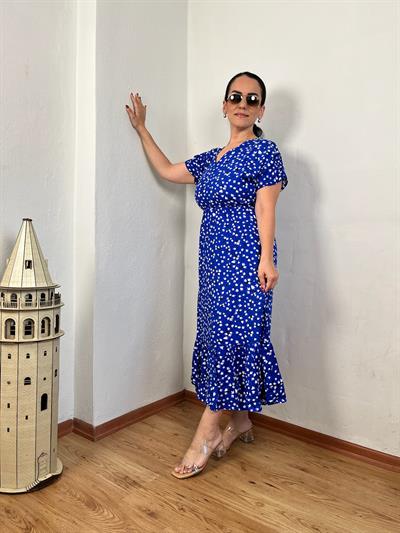 V YAKA DRAPE KOL ÇITIR DESEN VİSKON MAVİ ELBİSE