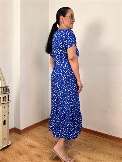 V YAKA DRAPE KOL ÇITIR DESEN VİSKON MAVİ ELBİSE