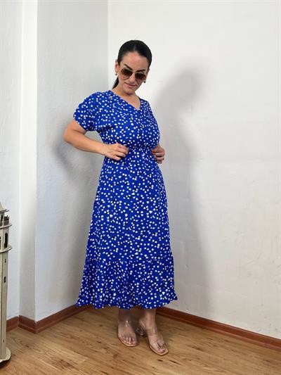 V YAKA DRAPE KOL ÇITIR DESEN VİSKON MAVİ ELBİSE