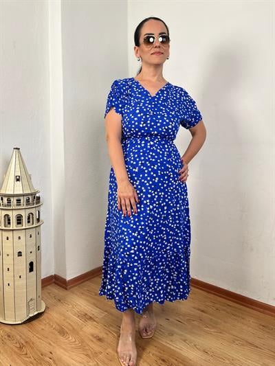 V YAKA DRAPE KOL ÇITIR DESEN VİSKON MAVİ ELBİSE