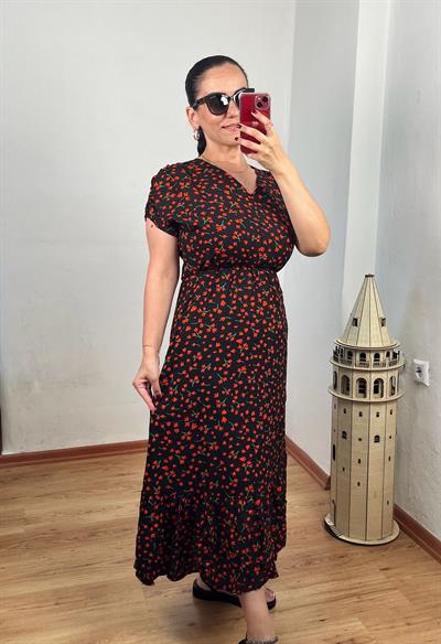 V YAKA DRAPE KOL ÇITIR DESEN VİSKON SİYAH ELBİSE