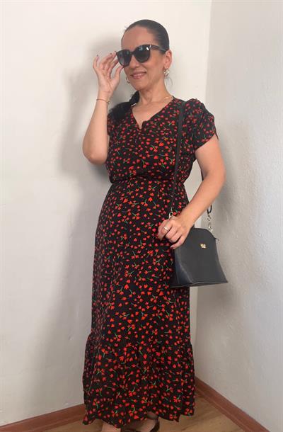 V YAKA DRAPE KOL ÇITIR DESEN VİSKON SİYAH ELBİSE