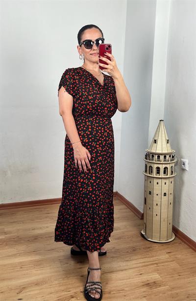 V YAKA DRAPE KOL ÇITIR DESEN VİSKON SİYAH ELBİSE