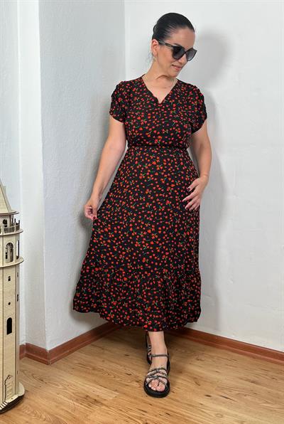 V YAKA DRAPE KOL ÇITIR DESEN VİSKON SİYAH ELBİSE