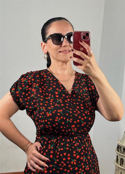 V YAKA DRAPE KOL ÇITIR DESEN VİSKON SİYAH ELBİSE