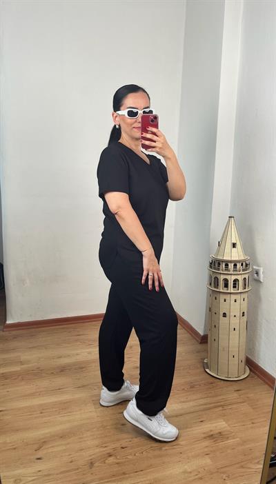 V YAKA OYSH KUMAŞ SİYAH İKİLİ TAKIM