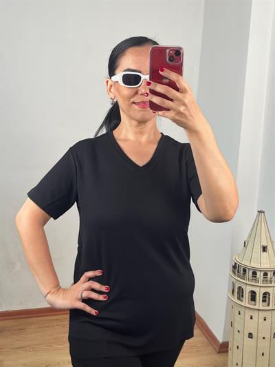 V YAKA OYSH KUMAŞ SİYAH İKİLİ TAKIM