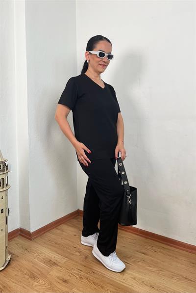 V YAKA OYSH KUMAŞ SİYAH İKİLİ TAKIM