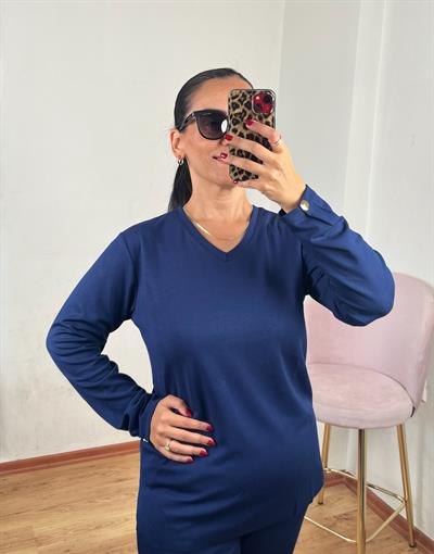 V YAKA OYSH KUMAŞ UZUN KOLLU LACİVERT İKİLİ TAKIM