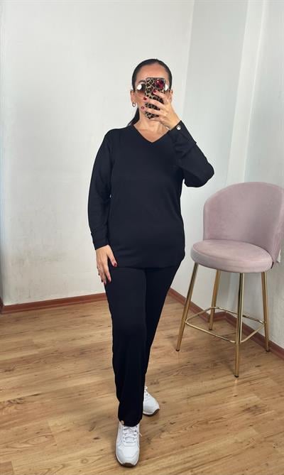 V YAKA OYSH KUMAŞ UZUN KOLLU SİYAH İKİLİ TAKIM