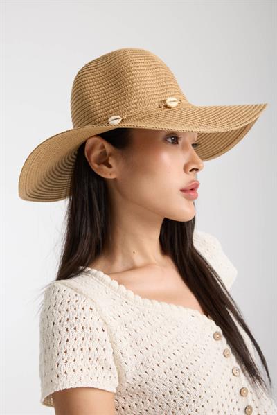 Camel İp Şeritli Deniz Kabuğu Detaylı Hasır Plaj Şapkası