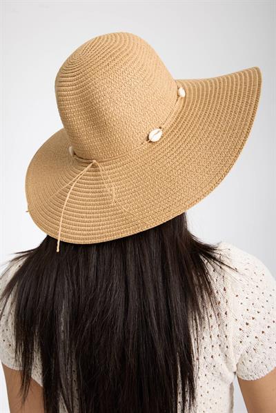 Camel İp Şeritli Deniz Kabuğu Detaylı Hasır Plaj Şapkası