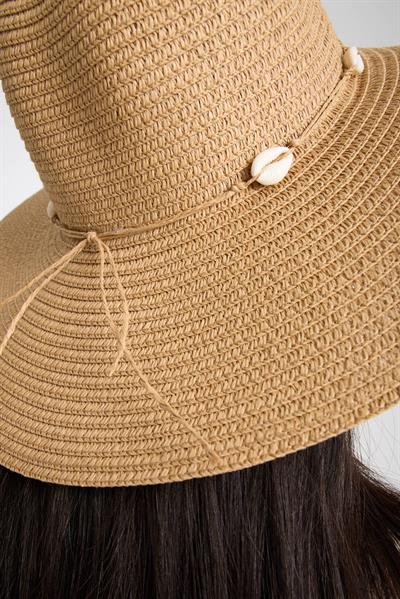 Camel İp Şeritli Deniz Kabuğu Detaylı Hasır Plaj Şapkası