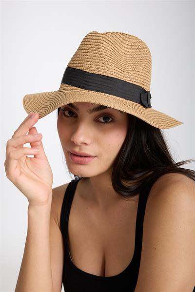 Kadın Camel Hasır Şapka Yazlık Geniş Kenarlı Kurdeleli Plaj Fötr Model