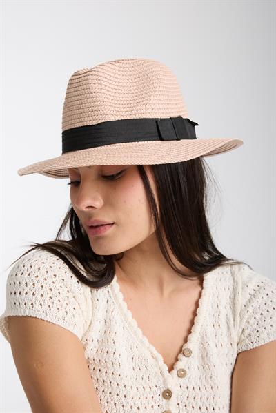 Kadın Pembe Hasır Şapka Yazlık Geniş Kenarlı Kurdeleli Plaj Fötr Model