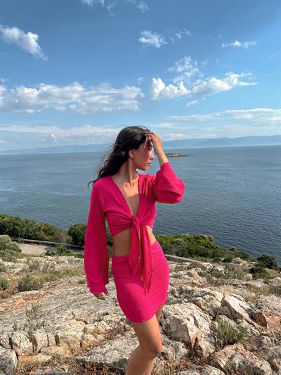 Mavera Pembe Bağlamalı Dokulu Bluz Etek Plaj Takım Pareo