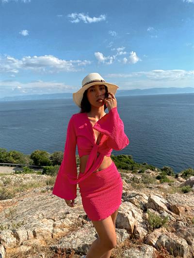 Mavera Pembe Bağlamalı Dokulu Bluz Etek Plaj Takım Pareo